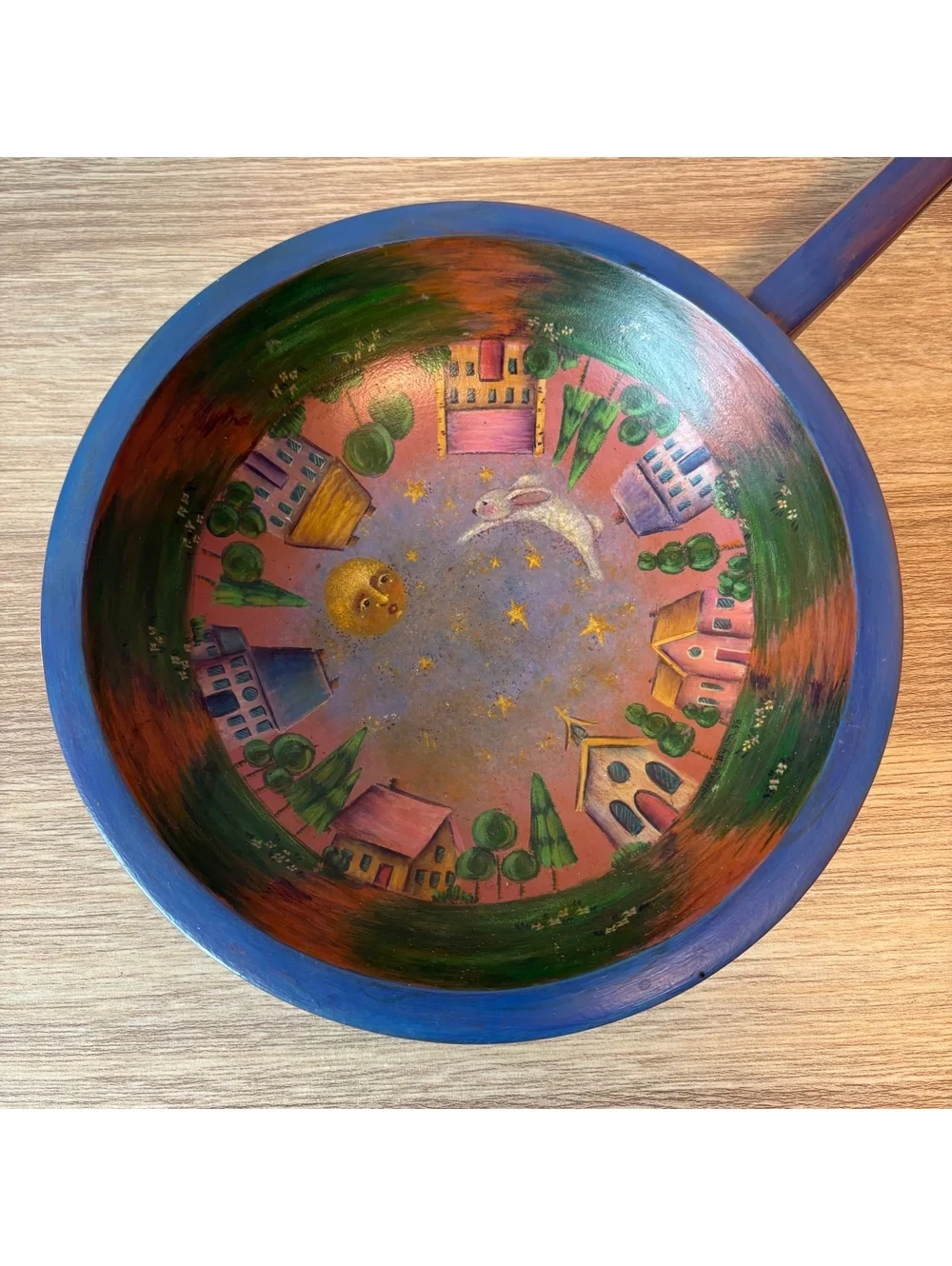 Hand Painted Wooden Wall Bowl Folk Art Moon Rabbit Village 15” Gift Idea for Her